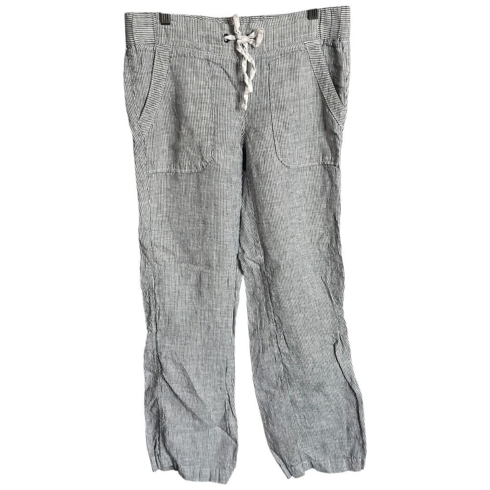 Athleta Seersucker 100% linen blue white pinstripe trouser pants size 6 PETITE